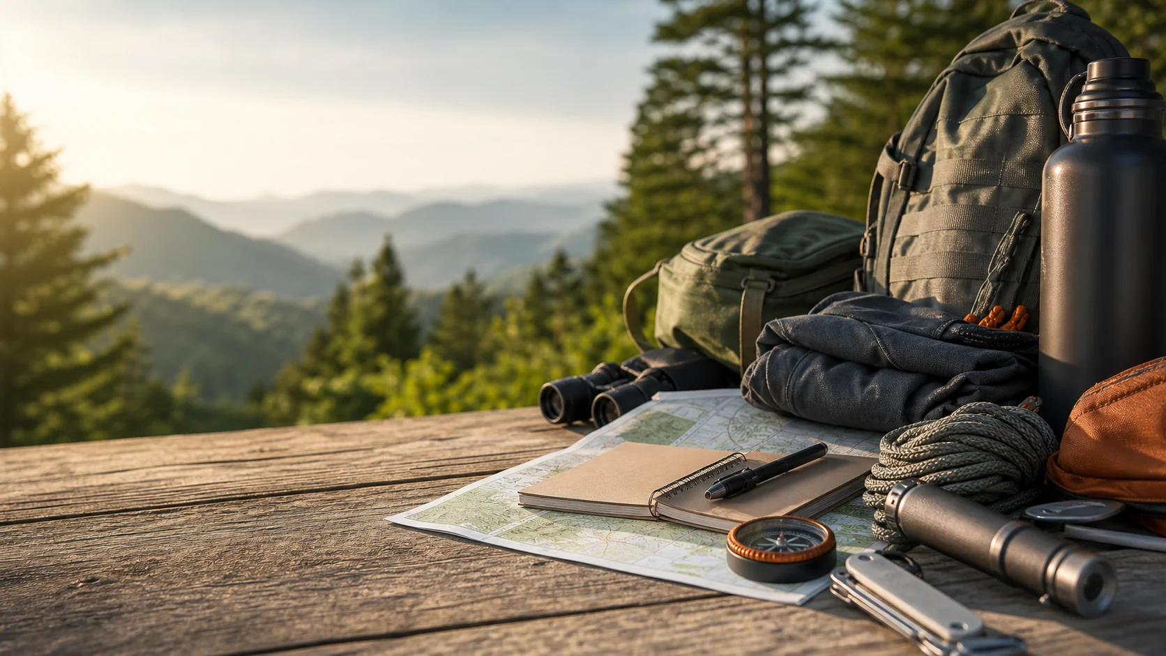 Low-light outdoor route planning gear on a table