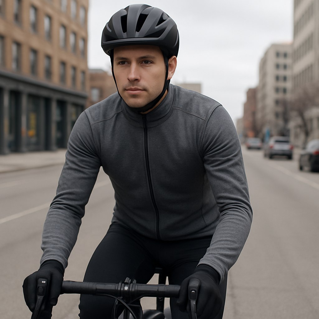 Cyclist in daylight wearing a plain grey reflective jacket