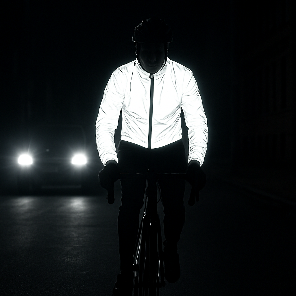 Same cyclist at night, jacket glowing bright under headlights